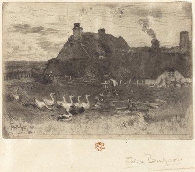 Les Petites Chaumières hytter med stråtak – liten tallerken, 1878. av Felix Hilaire Buhot