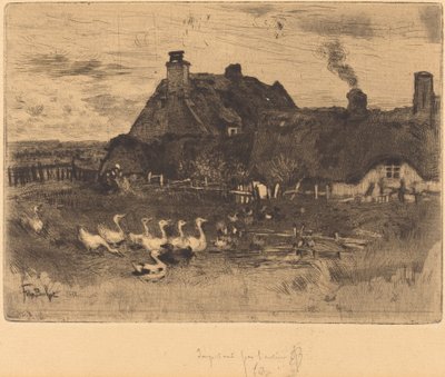 Les Petites Chaumières hytter med stråtak – liten tallerken, 1878. av Felix Hilaire Buhot