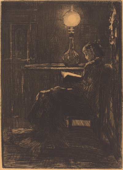 Lampeleser (kvinne leser av Lamplight) av Felix Hilaire Buhot