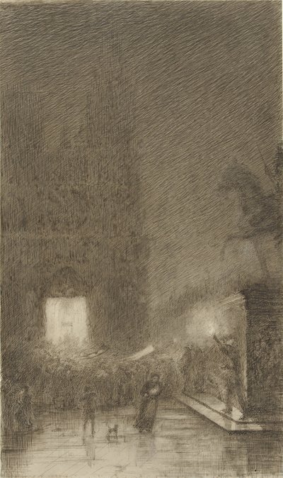 Samling om natten foran en katedral av Felix Hilaire Buhot