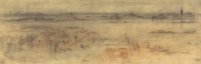 Seascape with a Fortified City at Right, Islands at Left and a Cottage in the Foreground, c1882.    1182014   no       norwegian Successfully Translated  Original: Louksor Thèbes, Vue Générale des Ruines, 1851-52. Translat: Louksor Thèbes, Vue Générale des av Felix Hilaire Buhot
