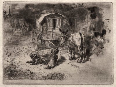 The Guardians of the House, eller Saltimbanques venner av Felix Hilaire Buhot