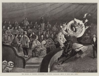 The Advance of the Western Civilization, et europeisk reisesirkus i Hong Kong, Kina av Felix Hippolyte Lucas