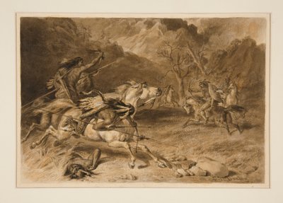 Tegning for The Encounter (Indisk kamp på hesteryggen) av Felix O. C. Darley