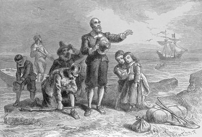 Landing of the Pilgrims, 1620, gravert av A. Bollett, fra 