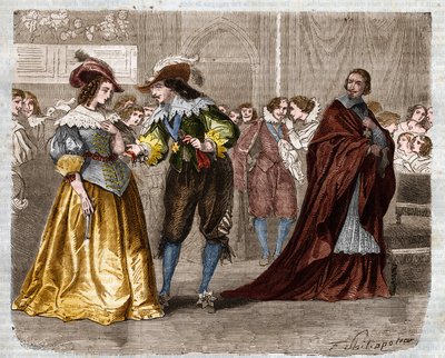 Romersk serie: «De tre musketerer» av Alexandre Dumas (1802-1870). Kong Ludvig XIII (1601-1643) overleverte de to diamantilderne til sin kone, dronning Anne av Østerrike (1601-1666), under blikket til kardinal Richelieu (1585-1642). Illustrasjon av kapitte av Felix Philippoteaux