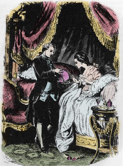 Dronningens brennevin inspirerer halskjedet. Tegning av Felix Philippoteaux (1815-1884) for Alexandre Dumas sin «Dronningens halskjede». av Felix Philippoteaux
