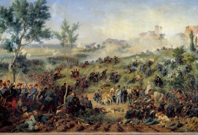 Utsikt over slaget ved Montebello di Casteggio, 20.05.1859 Frankrike vinner den østerrikske hæren. Maleri av Henri-Felix-Emmanuel Philippoteaux (1815-1884) 1862. Dim. 1x1,5 m. Paris, Musee de l