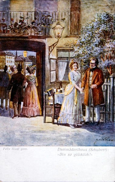 Scene fra 'Das Dreimaederlhaus' ('Huset til de tre pikene') som viser Schubert foran huset, ca. 1916 (farge litho) av Felix Riedl