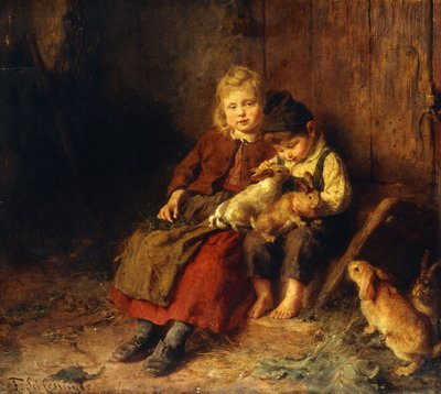 To barn som leker med kaniner, av Felix Schlesinger