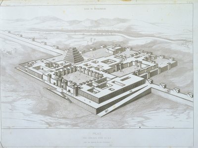 Khorsabad-palasset, historisk utsikt fra sør-øst med en del av de befestede murene, illustrasjon fra 'Nineveh and Assyria' av Victor Place av Felix Thomas