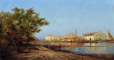 Mas i Martigues. Maleri av Felix ZIEM (1821-1911). Olje på lerret. Størrelse: 29x55cm. Obligatorisk omtale: Regards de Provence foundation collection, Marseille av Félix Ziem