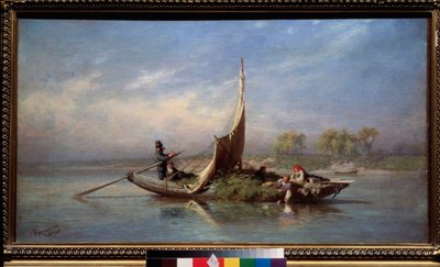 Familie i en båt (Transportere fôr i en seilbåt) - Familie i en båt - Maleri av Fjodor Vasilyev (Feodor Alexandrovich, Fiodor Alexandrovitch Vasiliev (1850-1873), olje på lerret av Feodor Alexandrovich Vassiliev