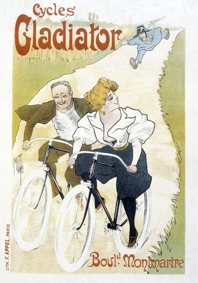 Radfahrerpaar von einem Polizisten verfolgt - Werbung für Gladiator-Fahrräder von Ferdinand  Misti Mifliez