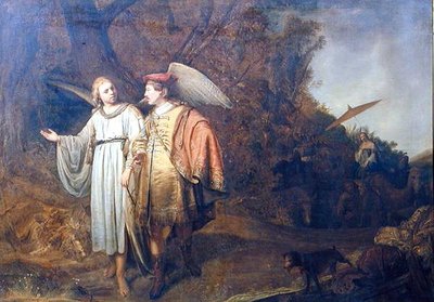 Tobias og engelen Gabriel (olje på lin) av Ferdinand (attr.) Bol