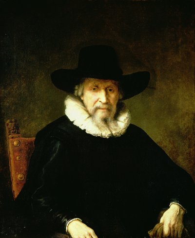 Portrett av en Gentleman iført en ruff og mørke klær med en bredbremmet hatt av Ferdinand Bol