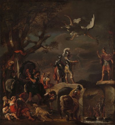 Fredsforhandlingene mellom Claudius Civilis og Quintus Petillius Cerealis på den revne broen, 1658-62 av Ferdinand Bol