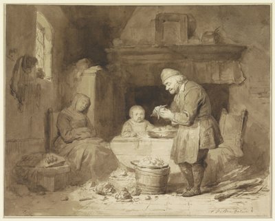 Mens en kvinne har sovnet, skreller en gammel mann poteter av Ferdinand De Braekeleer (I)