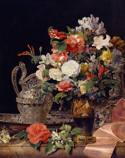 Blomsterbukett med sølvkar og antikk vase av Ferdinand Georg Waldmüller