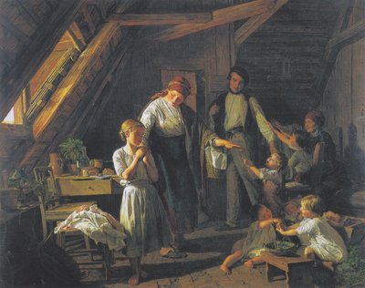 Avskjed med foreldrene - det eldste barnet tar seg av brødre og søstre i fravær av foreldre. av Ferdinand Georg Waldmuller