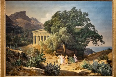 Et dorisk tempel med Castelmola og Taormina i bakgrunnen av Ferdinand Georg Waldmuller