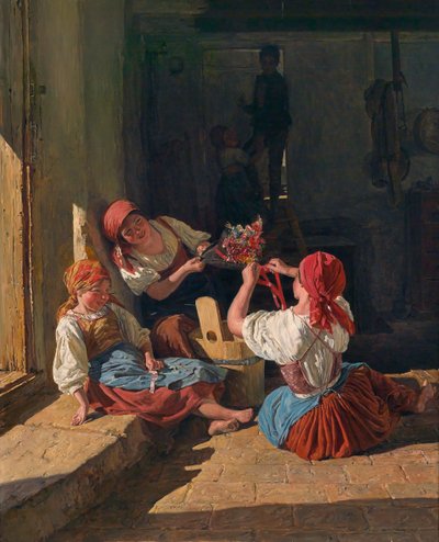 Barn som dekorerer en vernepliktig hatt, 1854 av Ferdinand Georg Waldmuller