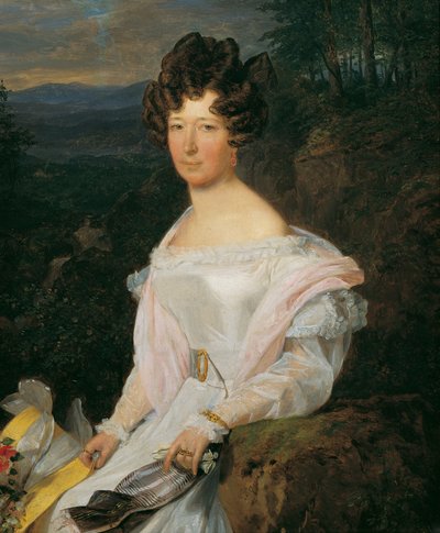 Dame i hvit kjole foran et landskap i Wienerskogen av Ferdinand Georg Waldmuller