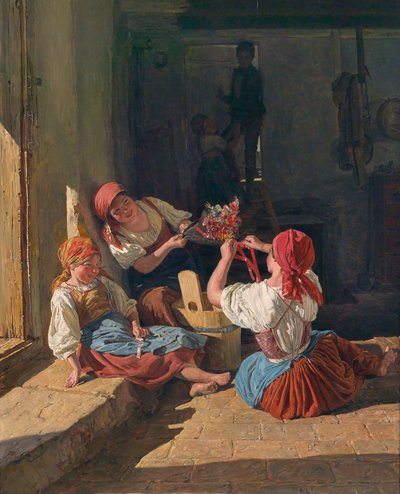 Barn som pynter en vernepliktig lue. Maleri av Ferdinand Georg Waldmuller (1793-1865), olje på tre av Ferdinand Georg Waldmuller