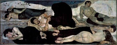 Om natten Gruppe av nakne sovende, en av dem midt i et mareritt av Ferdinand Hodler