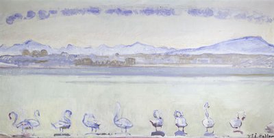 Ni svaner foran et fjellaktig landskap; Genève havn, med ni svaner, fra Quai du Mont Blanc, 1915 av Ferdinand Hodler