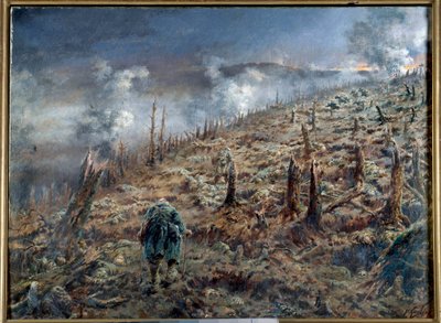 Første verdenskrig (1914-1918): «Dødens ravine i Verdun» Landskap av ruiner og aske etter slaget. Maleri av Ferdinand Joseph Gueldry (1858-1945) 1916 Paris. Museum for de to verdenskrigene av Ferdinand Joseph Gueldry