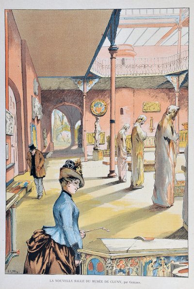 Det nye rommet til middelaldermuseet i Cluny i Paris 1887, av Ferdinand Joseph GUELDRY (1858-1945) Gravering fra 1887 i "Paris-Illustrous journal weekly" av Ferdinand Joseph Gueldry