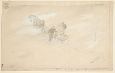 En slede sett ovenfra, trukket av en hest, med to personer sittende og en stående ved siden av, alt sett bakfra av Ferdinand Kjerulf Tranaas