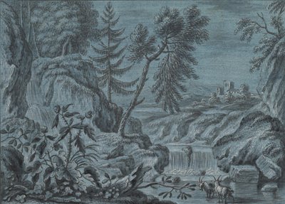 Sørlig landskap med en foss og geiter, sent på 1700-tallet. av Ferdinand Kobell.