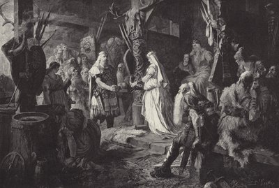Frithjof bei Konig Ring (Frithjof i hallen til King Ring) (gravering) av Ferdinand Leeke