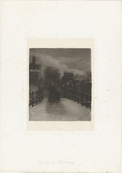 Gammel kvinne med barn på en bro Vinterkveld (tittel på objekt) av Ferdinand Oldewelt (signed by artist)