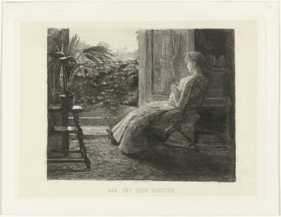 Ung kvinne, broderer, ved det åpne vinduet I det åpne vinduet (tittel på objekt) av Ferdinand Oldewelt