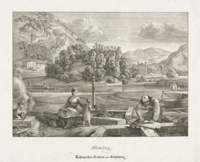 Syv utsikter i Salzburg og Berchtesgaden: Mandag: Rosenecker Garden Salzburg, 1823. av Ferdinand Olivier