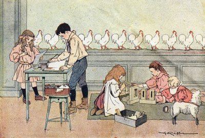 Spill inne i huset på en regnværsdag, i Imagier de l'enfance, ca. 1900 (gravering) av Ferdinand Raffin