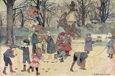 Spill med colin-aillard, hoppetau, ballong og sand i den offentlige hagen, i Imagier de l'enfance, ca. 1900 (gravering) av Ferdinand Raffin