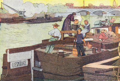 På bredden av Seinen, i Imagier de l'enfance, ca. 1900 (gravering) av Ferdinand Raffin