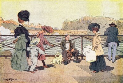 Den blinde tiggeren på kunstens bro i Paris, i Imagier de l'enfance, ca. 1900 (gravering) av Ferdinand Raffin