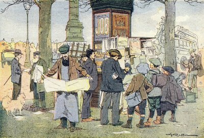 Kiosken har aviser, i Imagier de l'enfance, ca. 1900 (gravering) av Ferdinand Raffin