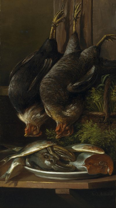 Stilleben med kyllinger og fisk av Ferdinand Richardt