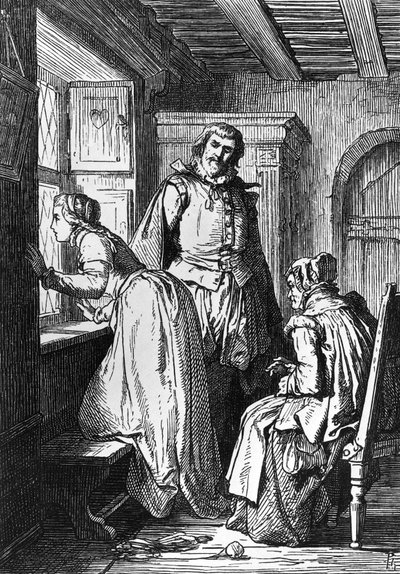 Klaerchen venter på Egmont, illustrasjon for Egmont, tragedie av Johann Wolfgang von Goethe (1749-1832), tresnitt etter tegning av Ferdinand Rothbart (1823-1899) av Ferdinand Rothbart