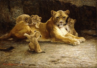 En løvinne med ungene sine av Ferdinand Schebek