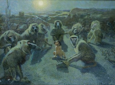 Mowgli fanget av aper (olje og blekk på lerret) av Ferdinand Schebek