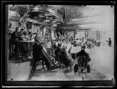 Orkesterøvelse av det wienermedlemmet i et filharmonisk orkester av Ferdinand Schmutzer
