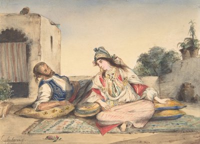 Et maurisk par på terrassen deres, 1832 (wc over grafitt på vevd papir) av Ferdinand Victor Eugene Delacroix