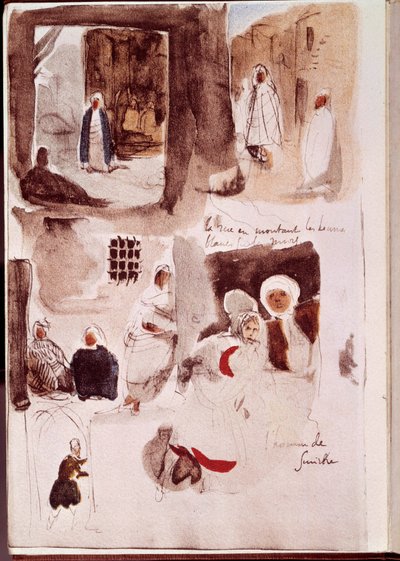 Album fra Nord-Afrika og Spania: Gater, vegger og butikker med karakterer som står eller sitter inkludert Smirnes mann. Akvarell med blekk og penn av Eugene Delacroix (1798-1863) 1832 Søn. 0,19x0,12 m Paris, musee du Louvre av Ferdinand Victor Eugene Delacroix